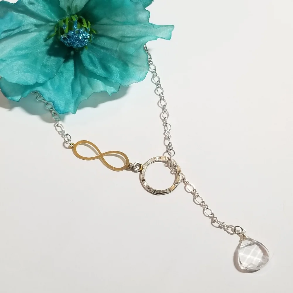 Infinity symbol necklace thread through clear briolette silver gold tone